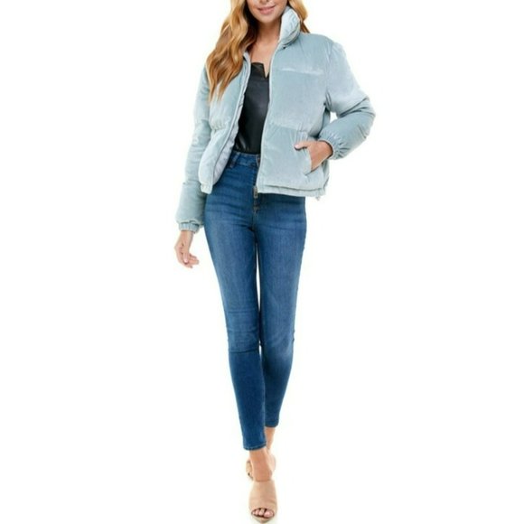 TCEC Blue Skies Velvet Puffer Coat Dusty Blue Size Large NWT - Picture 2 of 5